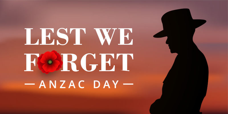 Anzac Day Banner with silhouette of soldier paying tribute and poppy flower, Vector